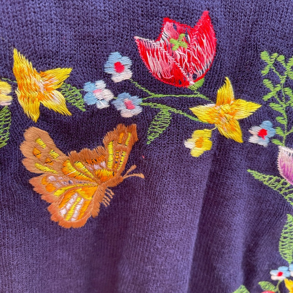 Vintage Cyn Les Shirlee designs size L women’s Embroidered sweater floral navy - Picture 3 of 6